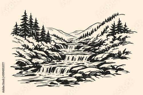 Mountain waterfall doodle vector illustration with cascading river pine trees rocks and scenic hand drawn landscape