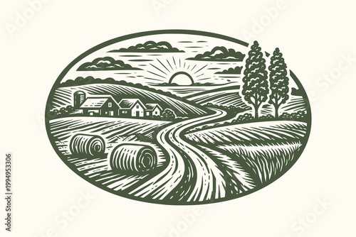 Countryside farm doodle vector illustration with sunrise fields hay bales and rustic rural landscape scene