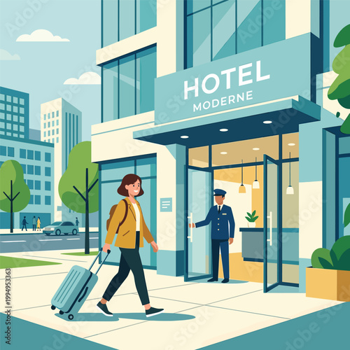 Hotel Moderne Woman With Luggage With Stewardess