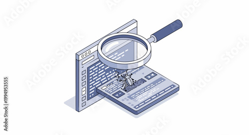 Isometric Illustration of Software Debugging Process with Magnifying Glass and Computer Bug on Web Code for QA Concepts