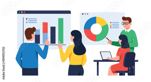 Business team analyzing data charts in office setting