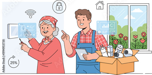 Smart home installation, senior woman and technician, smart home devices, vector illustration