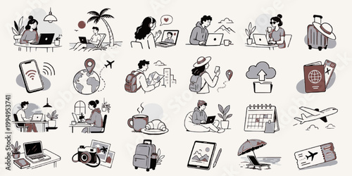 Digital Nomad Pack. Flexible Work and Travel Scene Set