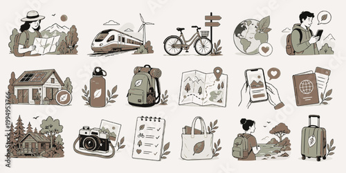 Eco Travel Pack. Sustainable Trip Planning Illustration Set