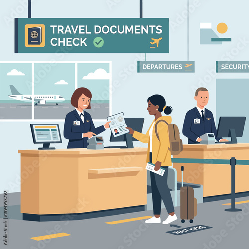 Travel Documents Check Traveler And Staff At Airport Check In On Computer
