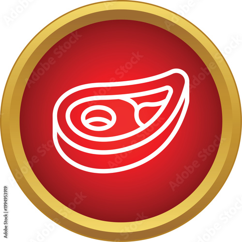 Round red button displaying a white line drawing of a beef steak