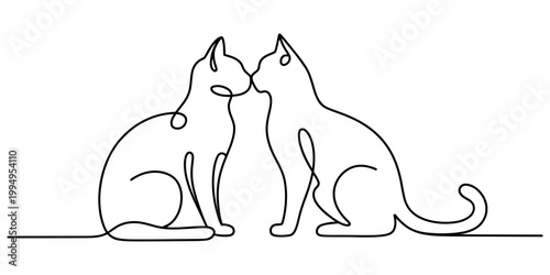 Two cute cats touching noses in a simple continuous one line drawing style Vector, illustration