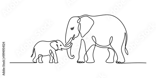 Continuous single line drawing of an adult elephant with a cute baby elephant calf walking together side by side Vector, illustration