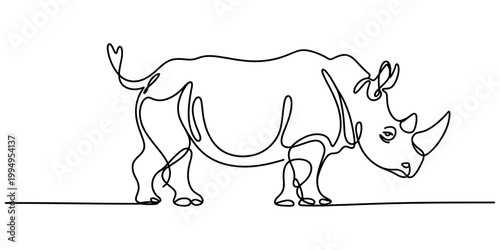 Continuous single line drawing of a rhinoceros standing Vector, illustration