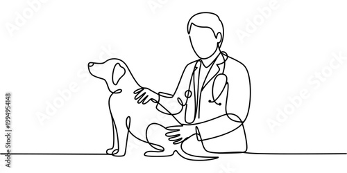 Continuous single line drawing of a male veterinarian doctor examining a cute dog with a stethoscope in a clinic Vector, illustration