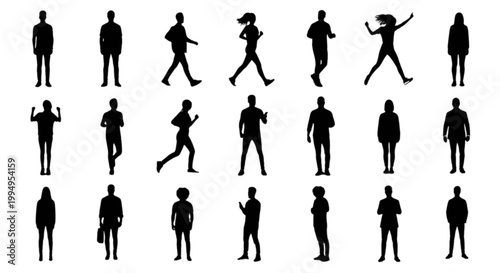 Collection of black silhouettes of people in various poses