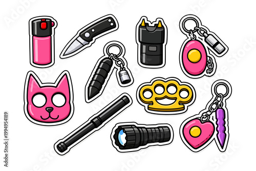Colorful self-defense tools collection with cat keychain and flashlight.