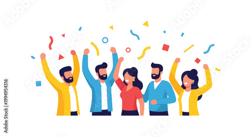 Group of diverse people celebrating with confetti and cheering