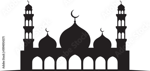 Black silhouette of a castle with three towers and arched windows on white background