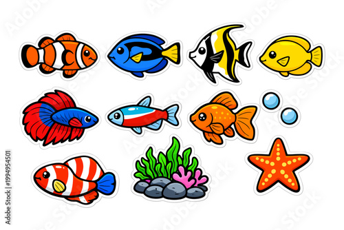 Colorful cartoon fish and sea creatures collection.