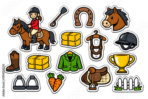 Equestrian stickers: horse riding and equipment icons.