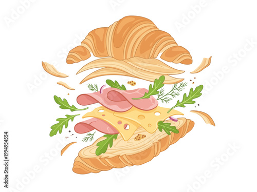 Exploded view illustration of a delicious croissant sandwich with ham, cheese, and fresh greens, perfect for food blogs and menus
