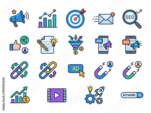 Set of digital marketing and SEO icons including analytics, target, email, search, links, content, ads, and strategy with a rocket