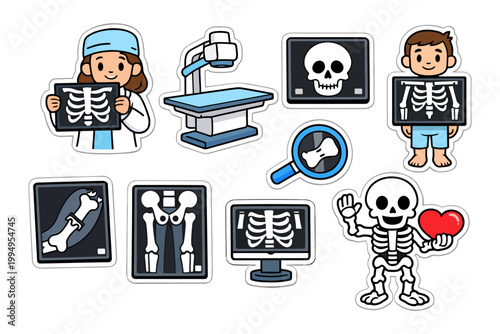 Cartoon medical x-ray stickers with children, skeletons, and radiology equipment.
