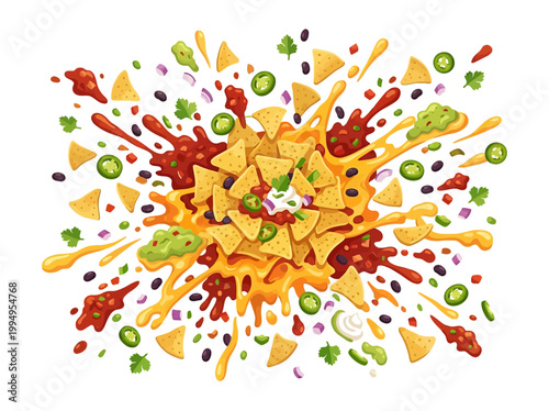 Deliciously Explosive Nachos Platter Illustration with Cheese, Guacamole, and Salsa Splash