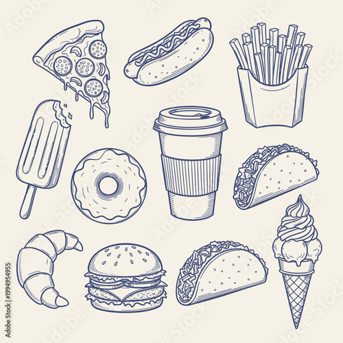 A collection of various fast food items and desserts on display