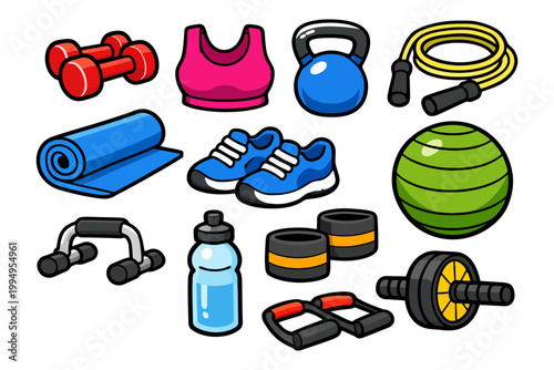 Colorful cartoon fitness equipment collection for home workouts.