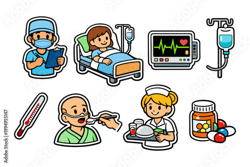 Medical care illustrations with healthcare professionals and patients in hospital setting.