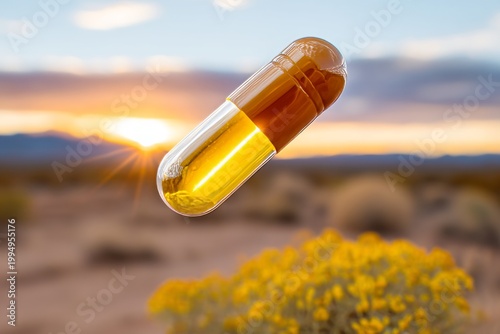 Giant Floating Pill Above Desert Landscape During Sunrise with Vibrant Cap and Background Colors