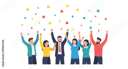 Celebrating group of diverse people with confetti and raised hands