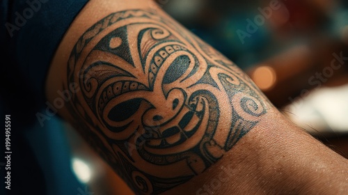 Close-up of a Polynesian tribal tattoo on a mans arm.