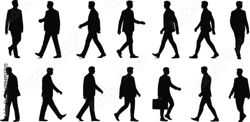 Collection of walking businessman silhouettes in various poses, professional men isolated on white background, illustrating business activity, commuting, movement, and corporate lifestyle concepts