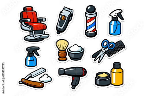 Barber shop essentials: chair, clippers, shaving brush, scissors, comb, hair dryer, razors.