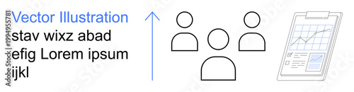 Business growth, teamwork, strategy planning, data analysis, market research, corporate workflow. Group of three outline figures and a detailed progress chart. Business growth and teamwork concept