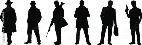 Set of mysterious professional secret agents and hitman silhouettes wearing coats and hats, holding weapons and briefcases, isolated flat vector illustration for action thriller concepts