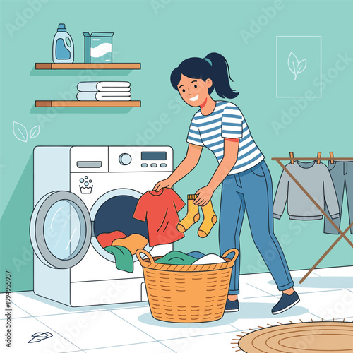 Laundry Room Scene Young Woman With Washing Machine