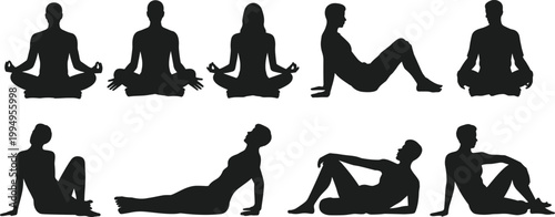 Silhouette set of yoga and relaxation poses, men and women sitting and reclining positions, meditation, fitness, wellness lifestyle, stretching exercises isolated on light background