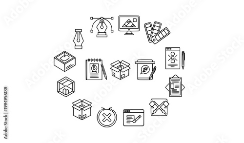 Creative process graphic design outline icons in circular layout with tools software and branding elements isolated on white