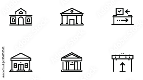 Building Icons: Clean and minimalist line icons depicting various architectural structures and entrance.