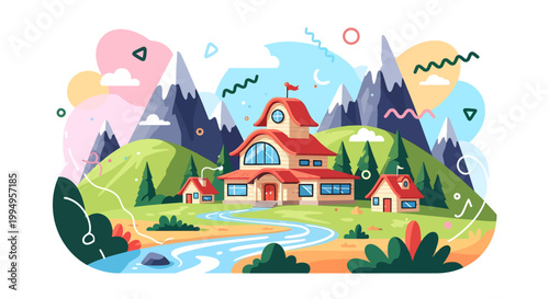colorful cartoon village in the mountains with river