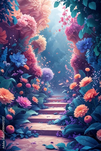 Colorful Floral Garden Path with Steps Fantasy Landscape Scene Dreamy Ambiance