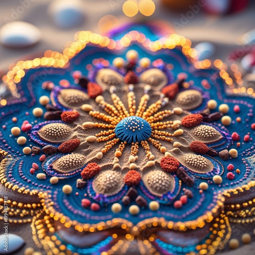 Colorful Sand Mandala Art With Gems And Beads Intricate Detail Texture Beach Setting