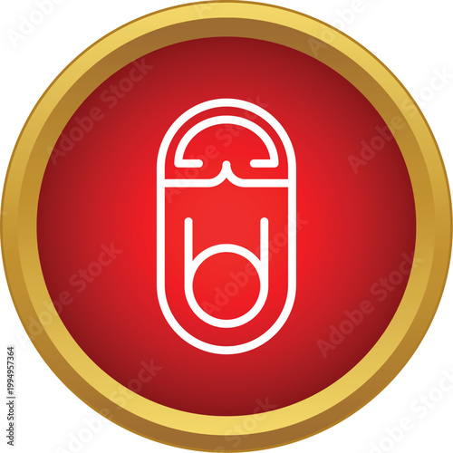 Safety pin icon symbolizing fastening and security on a red circle with gold border