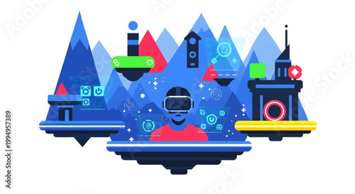 futuristic cityscape with floating islands and abstract architecture