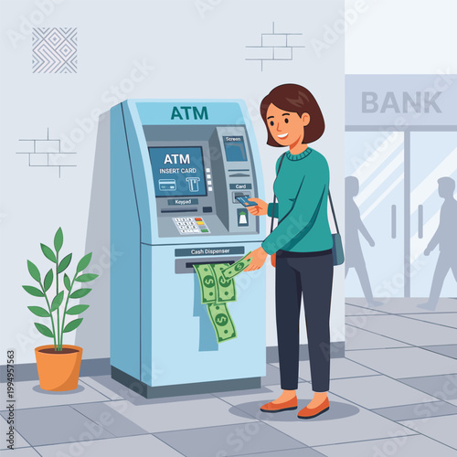 Woman Using Atm Young Woman In Garden