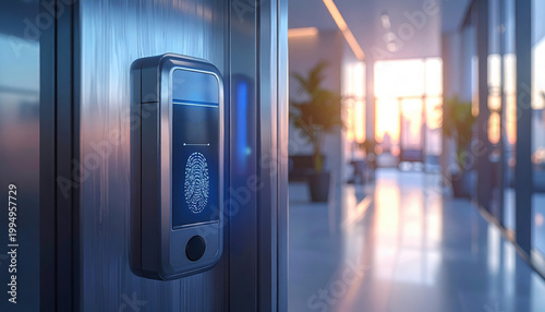 Biometric access control fingerprint scanner security system office entrance modern technology digital authentication door lock smart device