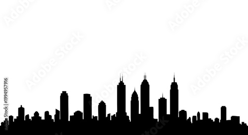 A silhouette vector illustration of the London city skyline in the morning featuring urban buildings and skyscraper architecture against a black downtown cityscape