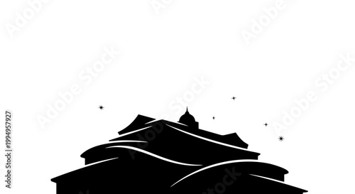 Vector art design featuring a black silhouette of a church and the Temple of Heaven against a winter mountain sky with a Christmas star and travel icons