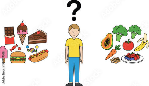 Vector illustration of person choosing between healthy foods and unhealthy foods with question mark symbolizing decision
