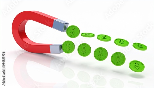 Red horseshoe magnet attracting a stream of green dollar coins on white background.