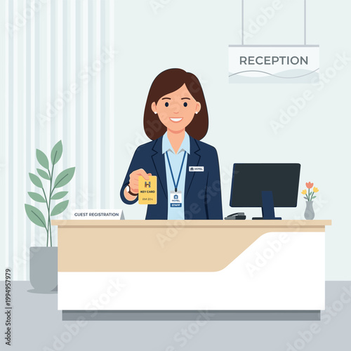 Hotel Receptionist Young Woman In Garden On Computer Monitor